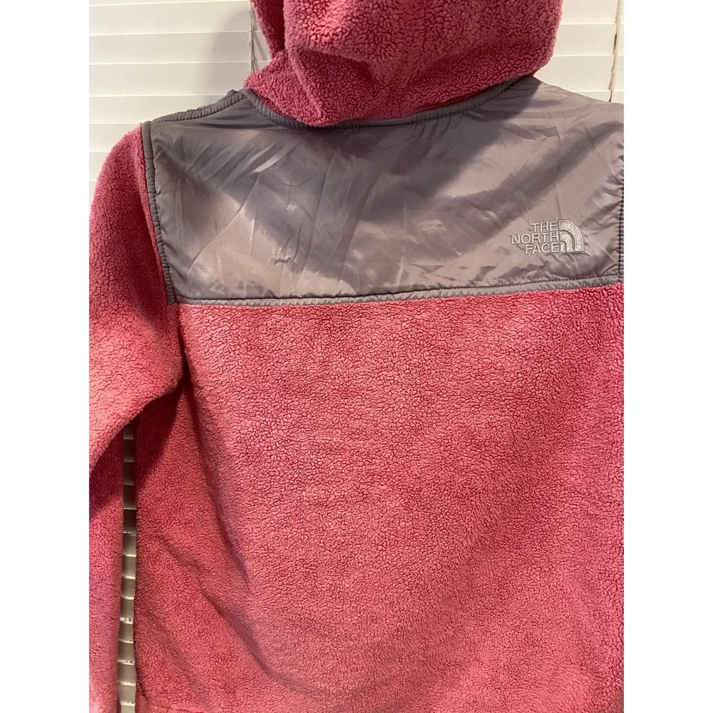 The North Face Girls Pink Grey Denali Hooded Fleece Jacket Size M 10/12 Full Zip